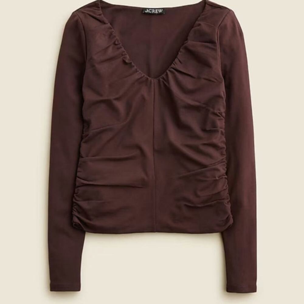NWT J. Crew Stretch Cotton Blend Ruched V-neck Top in Cocoa Berry Brown
